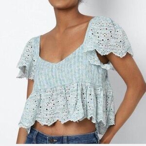 American Eagle Outfitters Light Blue Eyelet Peplum Crop Top